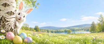 Cute Easter Bunny Peeking From Behind A Birch Tree