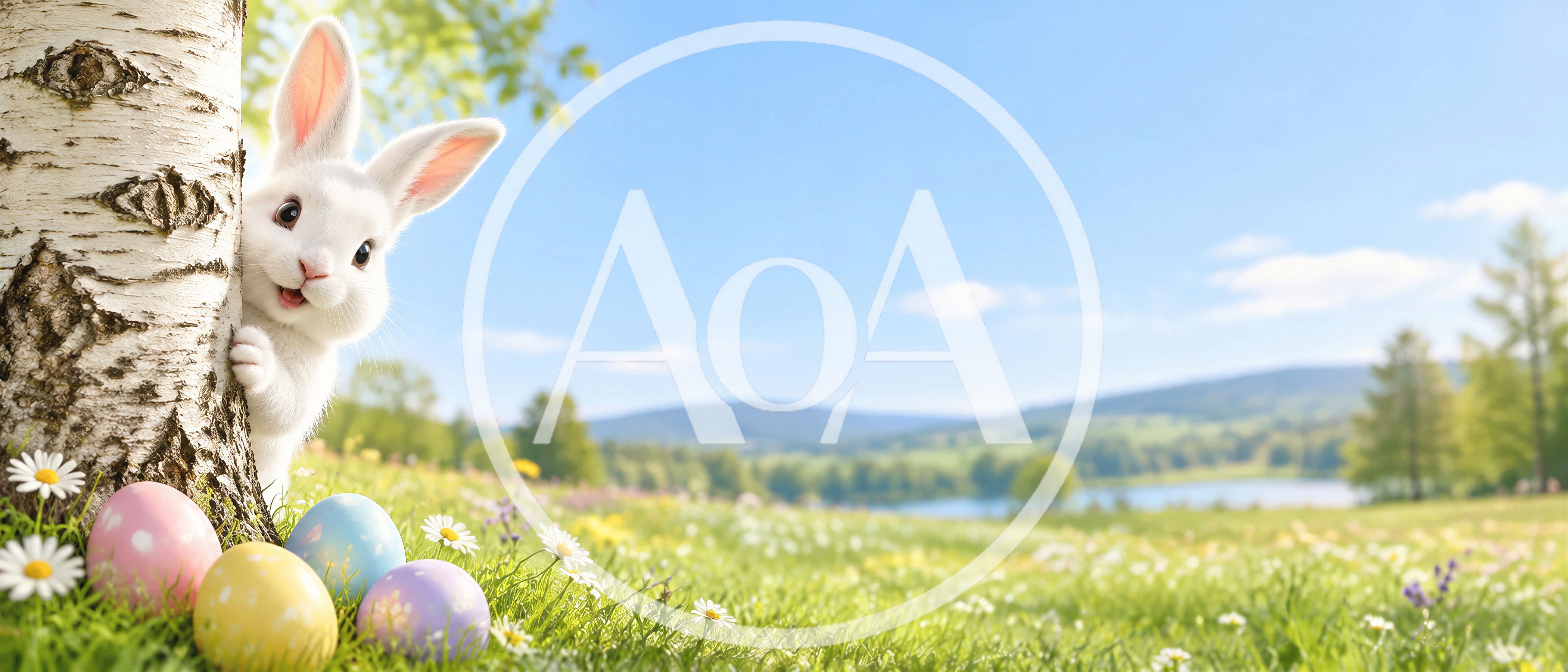 Cute Easter Bunny Peeking From Behind A Birch Tree