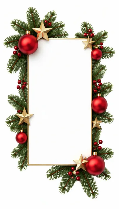Christmas Holiday Frame With Red Ornaments And Pine