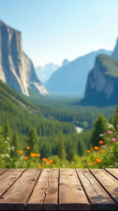 Wooden Table Overlooking A Scenic Mountain Valley