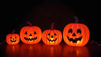 Four Glowing Jack O Lanterns In A Row