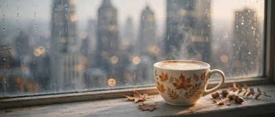 Steaming Coffee Cup On Rainy City Window Sill