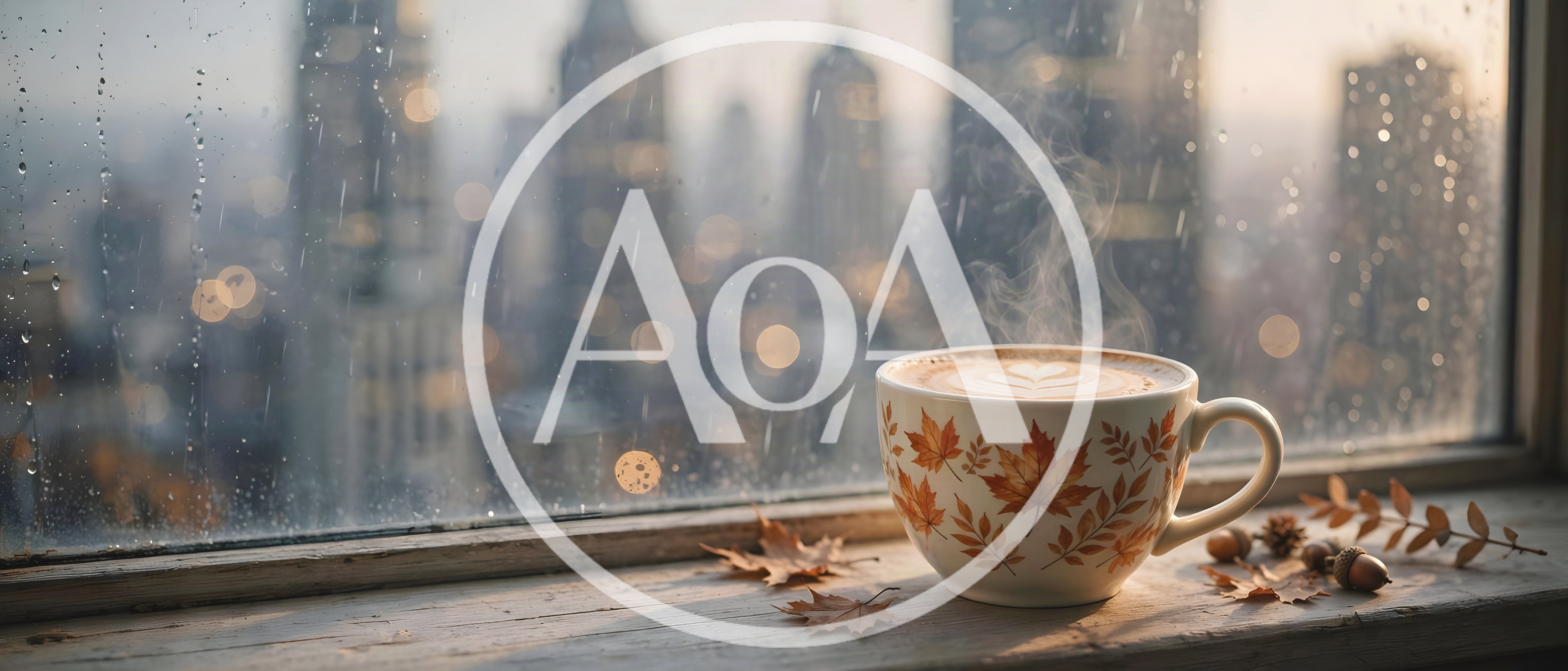 Steaming Coffee Cup On Rainy City Window Sill
