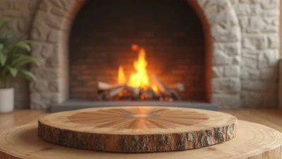 Wooden Display Platform Before A Cozy Fireplace