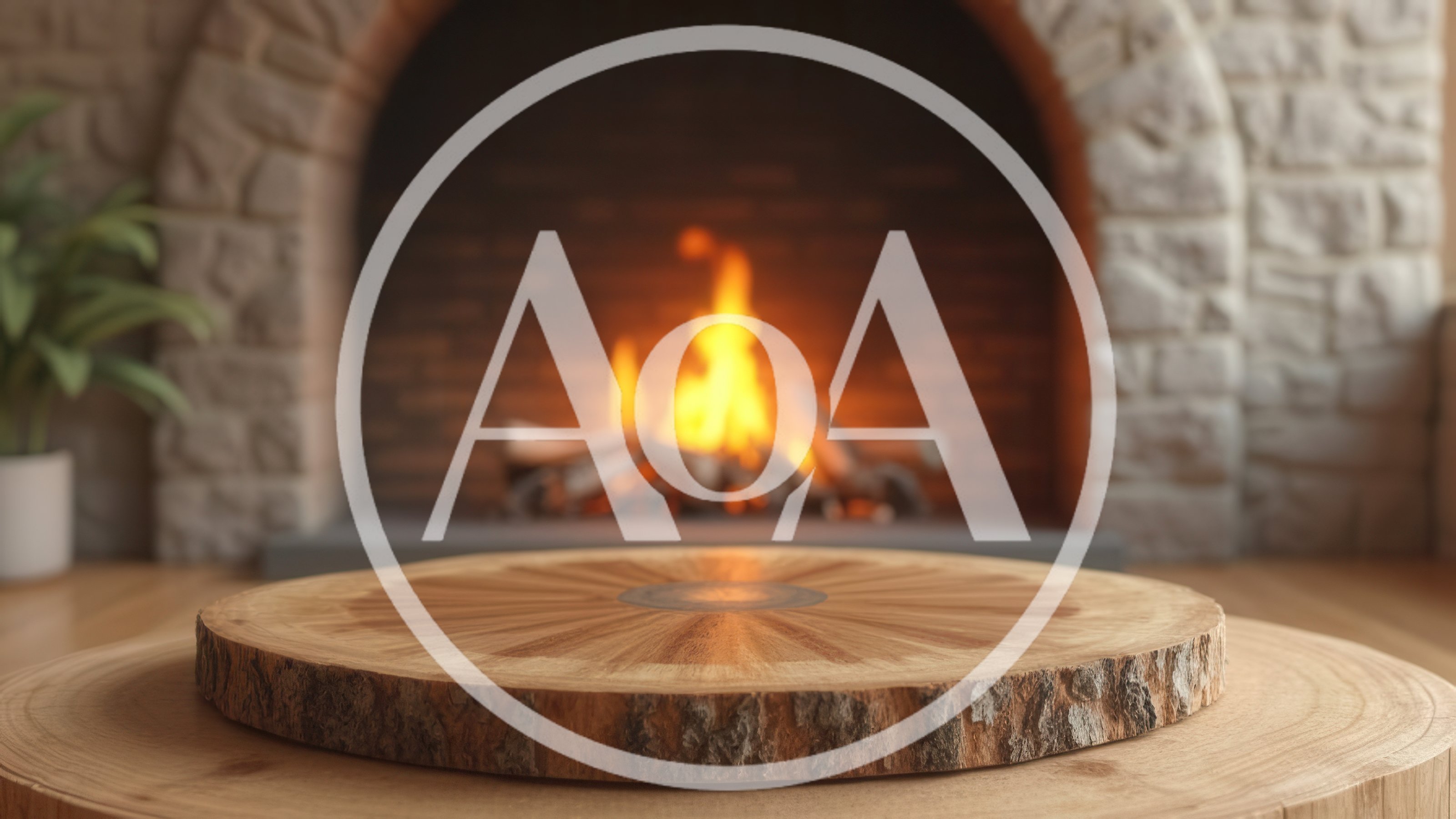Wooden Display Platform Before A Cozy Fireplace