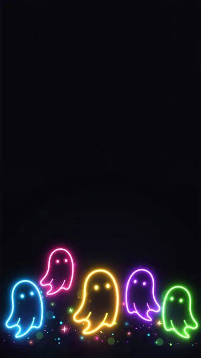 Neon Glowing Ghost Characters On Dark Background