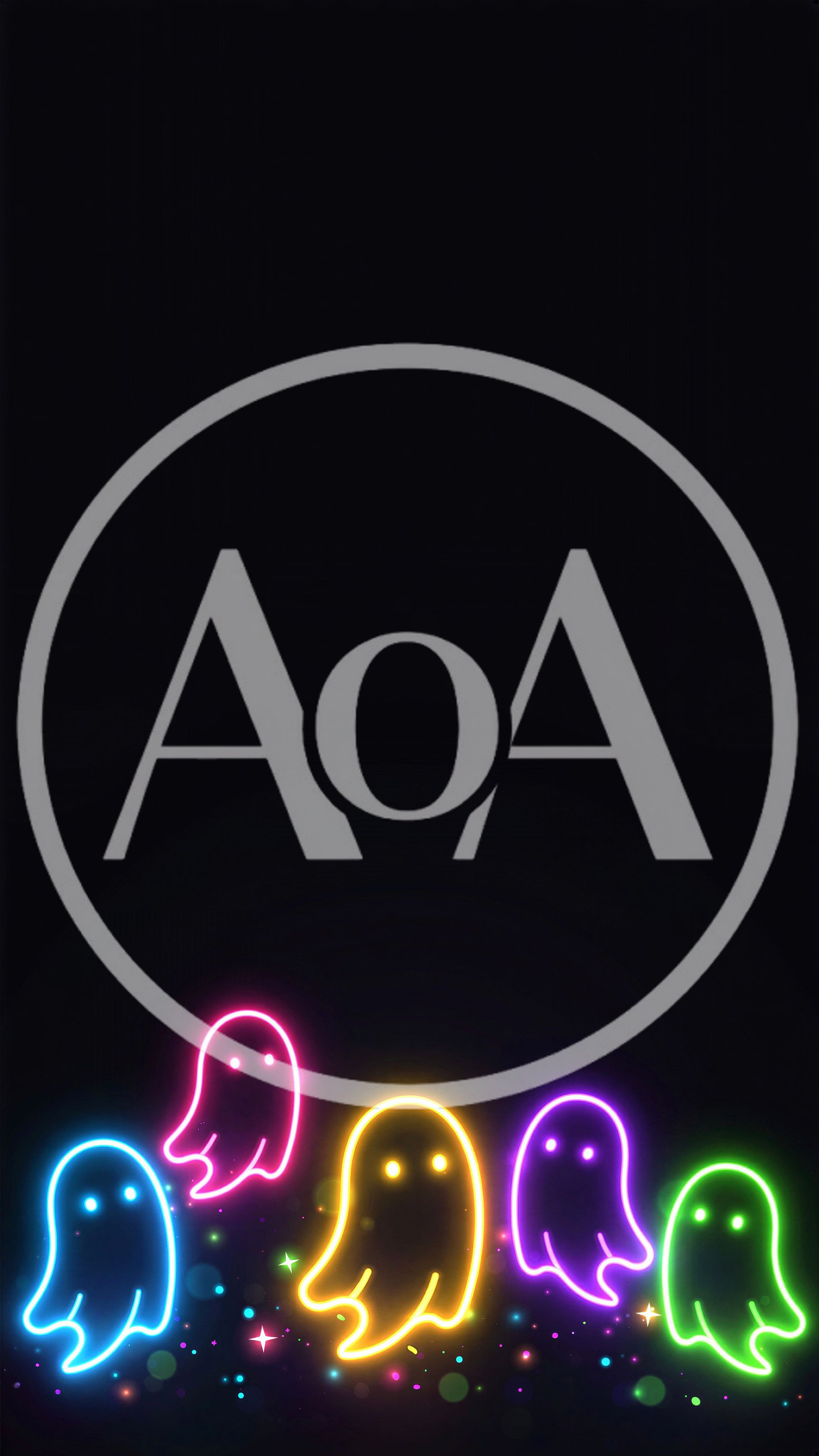 Neon Glowing Ghost Characters On Dark Background