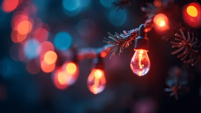 Glowing Red Christmas Lights Hanging On Pine Tree Branches