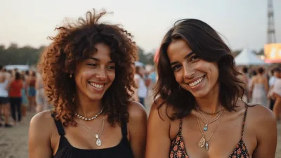 Two Young Women Smiling Together At An Outdoor Festival