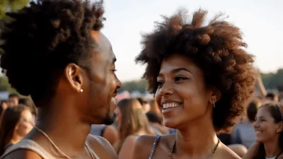 Happy Couple Smiling And Laughing At Outdoor Music Festival