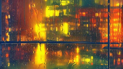 Raindrops Streaming Down A Window With City Lights