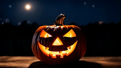 Glowing Jack O Lantern Pumpkin Under Full Moon
