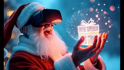 Santa Claus Wearing Virtual Reality Headset Holding Glowing Gift