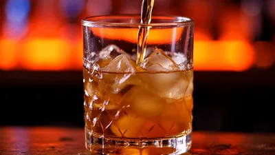 Whiskey Being Poured Into A Crystal Glass With Ice