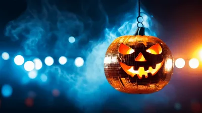 Glowing Disco Ball Pumpkin Hanging In Smoky Atmosphere
