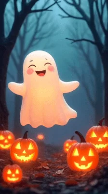 Cute Cartoon Ghost Floating Above Glowing Jack O Lanterns
