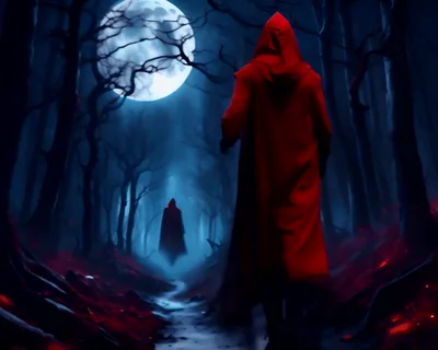 Mysterious Figures In Red Cloaks Walking Through Dark Forest