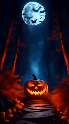 Glowing Jack O Lantern In Spooky Forest At Night
