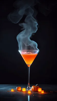Halloween Cocktail With Rising Smoke And Glowing Pumpkins