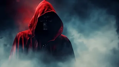 Grim Reaper Figure Standing In Dark Eerie Fog