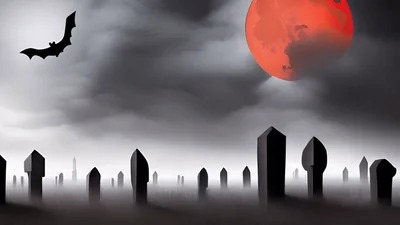 Bat Flying Over A Spooky Graveyard Under Red Moon