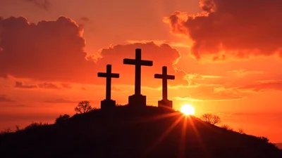 Three Crosses Silhouetted Against A Vibrant Sunset Sky