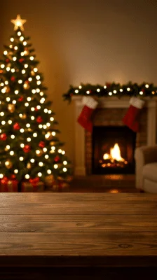 Cozy Christmas Living Room With Decorated Tree And Fireplace