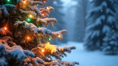 Snow Falling On Illuminated Christmas Tree Outdoors