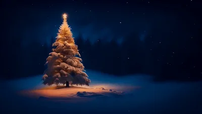 Glowing Christmas Tree Standing In Snowy Winter Forest