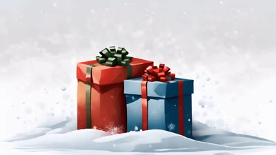 Two Christmas Gift Boxes Sitting In The Snow