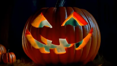 Glowing Jack O Lantern Pumpkin In Dark Forest