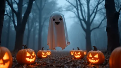 Cute Ghost Floating Above Glowing Jack O Lanterns