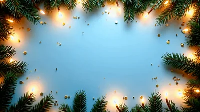 Christmas Pine Branch Frame With Glowing Fairy Lights