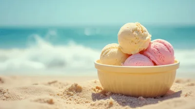 Ice Cream Bowl Sitting On A Sunny Beach
