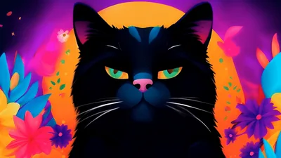Animated Black Cat Portrait With Vibrant Floral Background