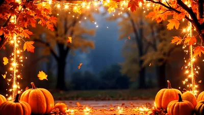 Autumn Forest Scene With Pumpkins And Falling Leaves