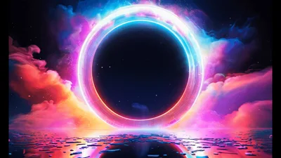 Glowing Neon Portal Floating Above Reflective Digital Surface