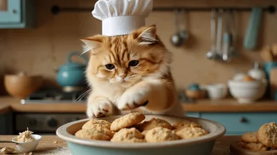 Cute Fluffy Cat Wearing Chef Hat Reaching For Cookies