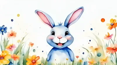 Cute Blue Cartoon Bunny Smiling In A Flower Meadow