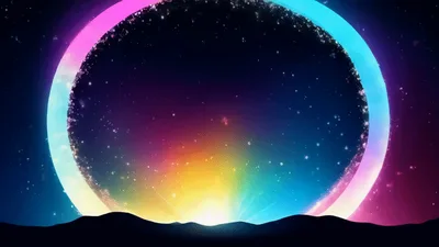 Glowing Neon Ring Over Silhouetted Mountain Landscape