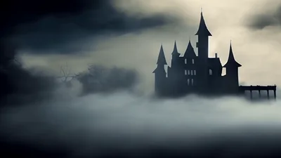 Spooky Gothic Castle Silhouette Amidst Rolling Fog