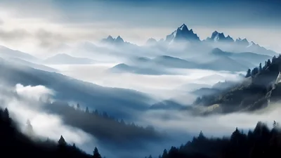 Cinematic Mountain Landscape With Rolling Morning Fog