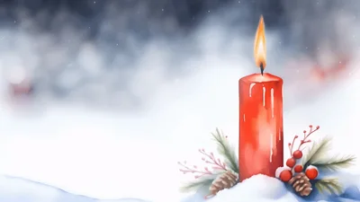 Burning Red Christmas Candle With Pine Decorations