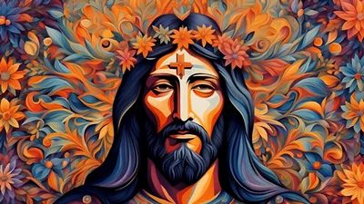 Stylized Portrait Of Jesus Christ With Vibrant Floral Background
