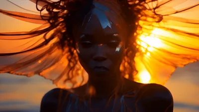 Ethereal Woman With Flowing Fabric At Sunset