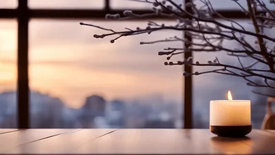 Lit Candle On Wooden Table With Pussy Willow Branches