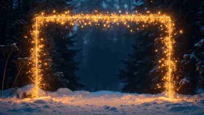 Glowing Golden Sparkle Frame In Snowy Winter Forest