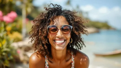 Smiling Woman With Curly Hair Wearing Sunglasses On Beach