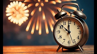 Vintage Alarm Clock With Fireworks Background Display