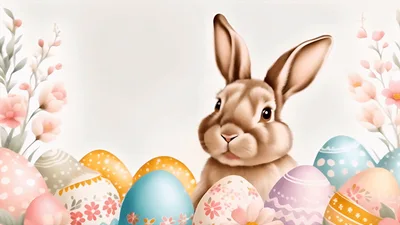 Cute Easter Bunny Surrounded By Colorful Decorated Eggs